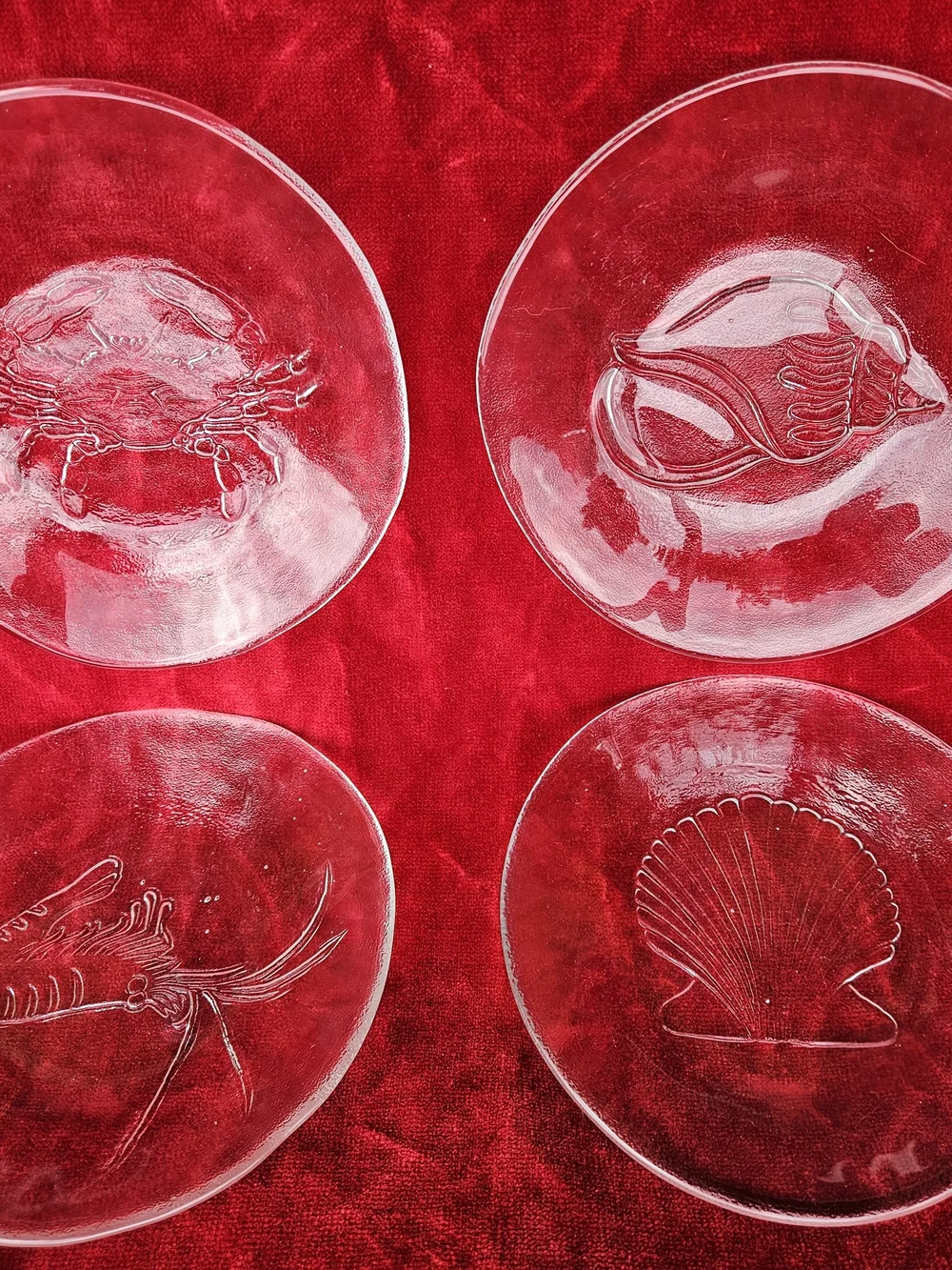 Set of 4 Clear Glass Seafood Motif Plates Appetizer Sized